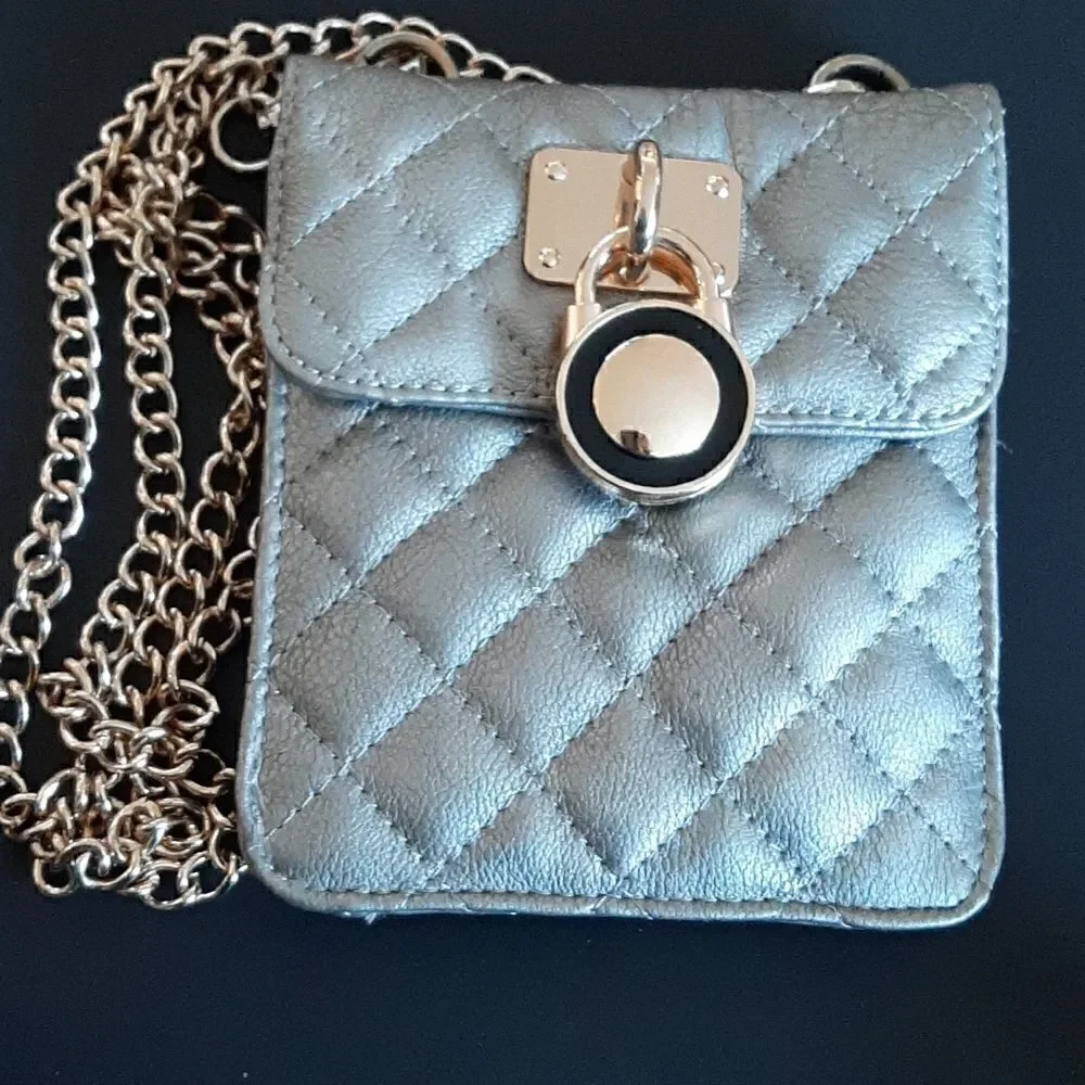 COPY - NWOT Silver leather crossbody bag with gold chain.